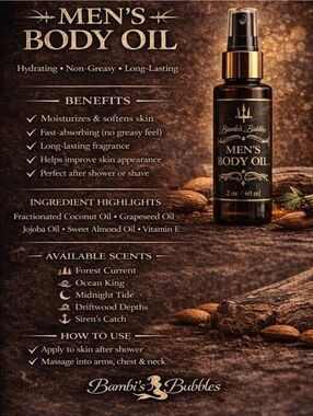 New! Hand Crafted Men's 2oz Body Oil Assorted Scents From Bambis Bubbles